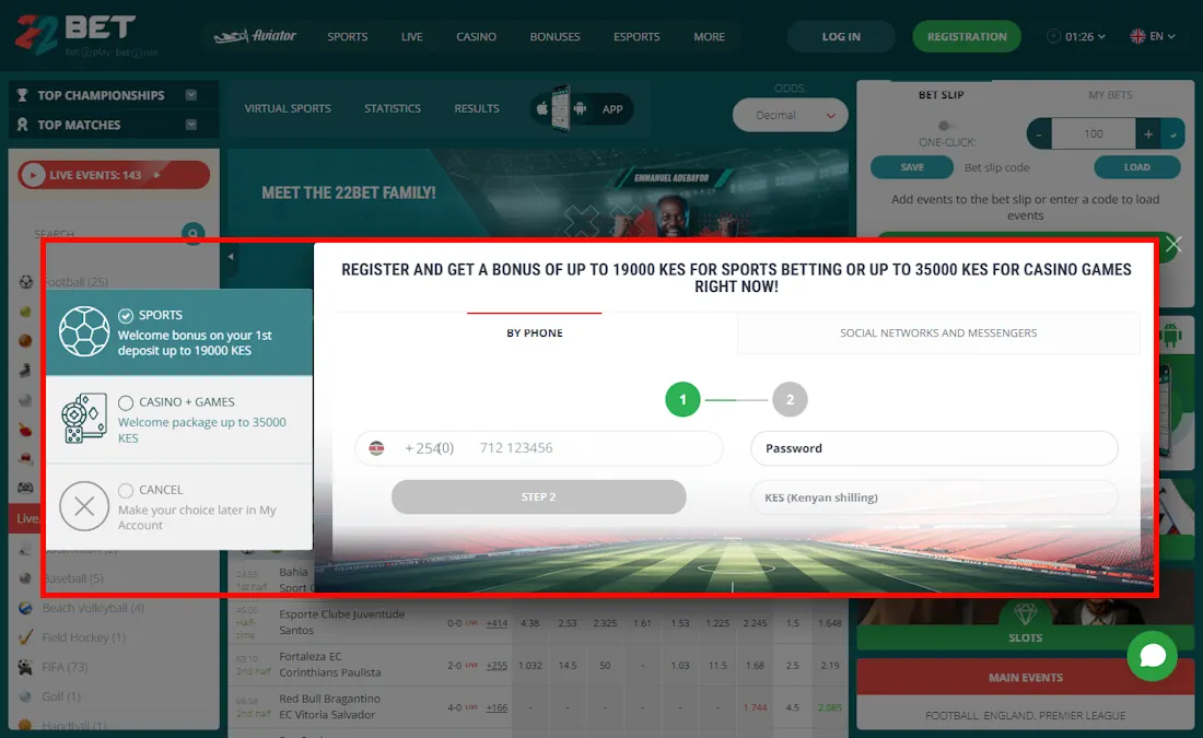 22Bet Kenya Registration by phone Screenshot